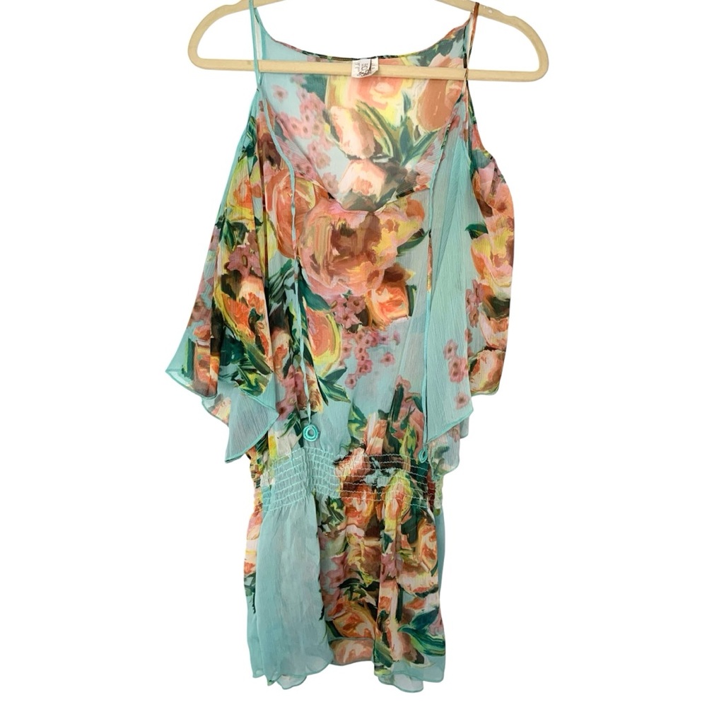 Becca XS Turquoise High Tea Floral Print Cold Shoulder Elastic Waist Swim Cover